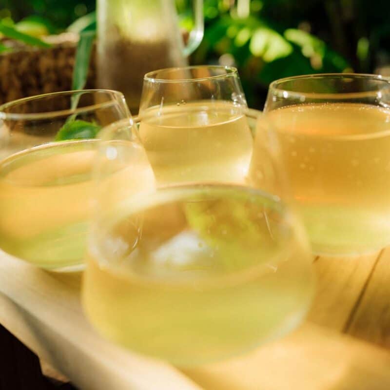 Four glasses of light-colored liquid, possibly wine or juice, on a wooden surface with a blurred green background. In the USVI.