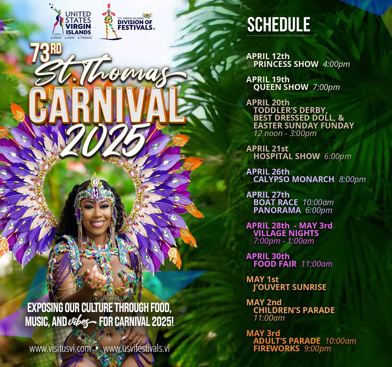 Colorful St. Thomas Carnival 2025 poster with schedule, featuring a costumed performer. Dates include Princess Show April 12, Parade May 4, and more. Logos of USVI and Division of Festivals.